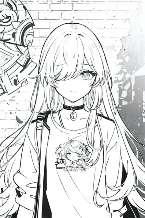 best quality, intricate details, lineart, monochrome,

1girl, long hair, black hair, messy hair, hair over one eye, sharp eyes, 

choker, shirt, torn legwear, open jacket, 

against wall, brick wall, graffiti, dim lighting, alley

<lora:animeLineartStyle_v20Offset:0.8>