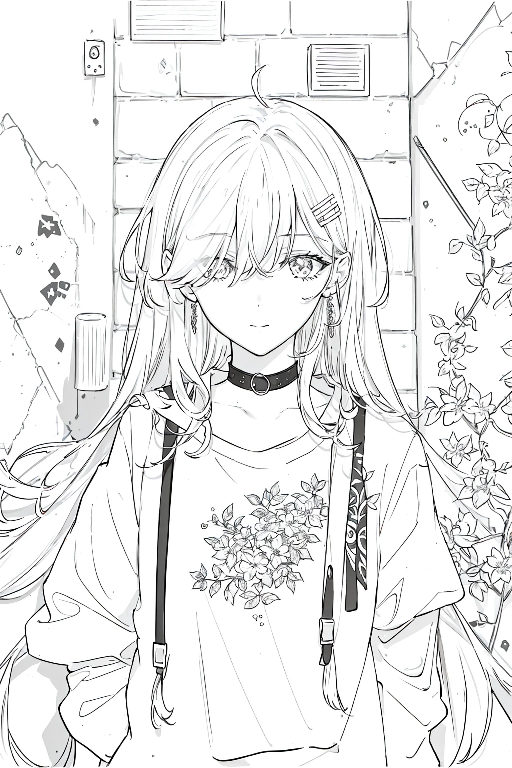 best quality, intricate details, lineart, monochrome,
1girl, long hair, black hair, messy hair, hair over one eye, sharp eyes,
choker, shirt, torn legwear, open jacket,
against wall, brick wall, graffiti, dim lighting, alley
<lora:animeLineartStyle_v20Offset:0.8>