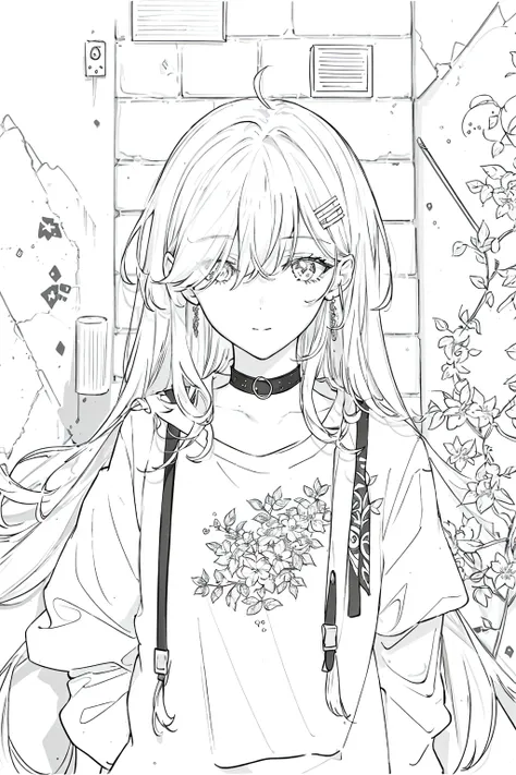 best quality, intricate details, lineart, monochrome,

1girl, long hair, black hair, messy hair, hair over one eye, sharp eyes, 

choker, shirt, torn legwear, open jacket, 

against wall, brick wall, graffiti, dim lighting, alley

<lora:animeLineartStyle_v20Offset:0.8>