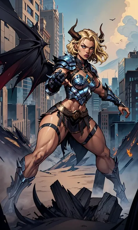 JoeMAD2023, mage, fighting stance, action pose, 1girl, metropolis, 8k, uhd, best quality, cartoon, armor, trending on artstation, vibrant colors, short blonde hair, short skirt, armored skirt, epic fantasy, dark wings, horns,