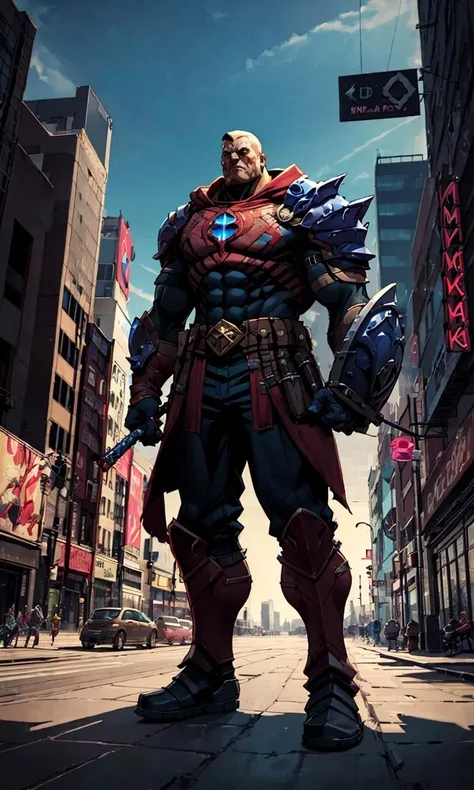 JoeMAD2023, 1 man standing in city, 8k, uhd, best quality, cartoon, cool armor, trending on artstation