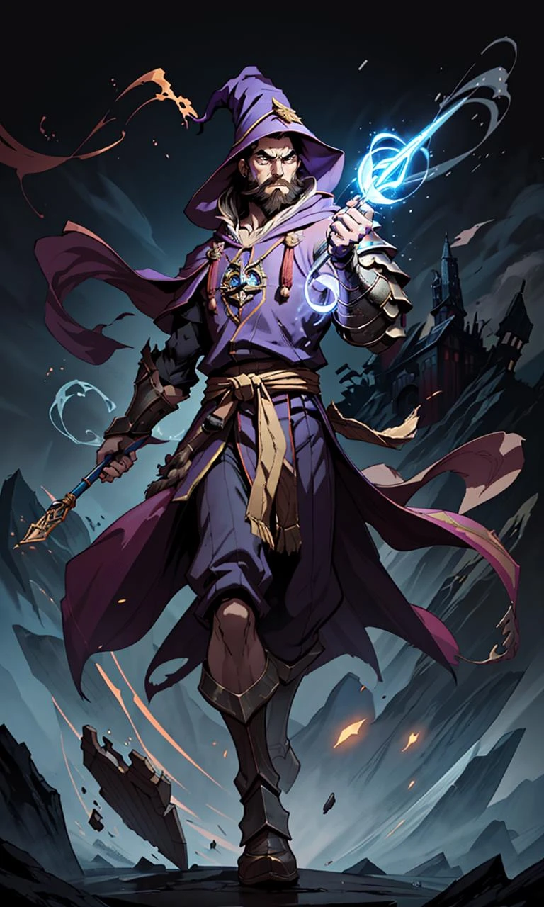 JoeMAD2023, wizard of light, floating, action pose, male focus, otherworldly, 8k, uhd, best quality, cartoon, armor, trending on artstation, robe, vibrant colors, wizard hat, beard, wand,