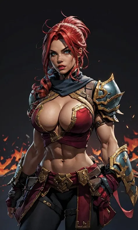 JoeMAD2023,1girl, Red_Monica_v2, large breasts, action pose, 8k, uhd, best quality, cartoon, armor, trending on artstation, vibrant colors, epic fantasy, comic style,red hair, ancient city, toned body, abs,