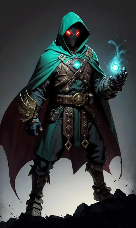 JoeMAD2023, fantasy hero, action pose, 8k, uhd, best quality, cartoon, armor, trending on artstation, vibrant colors, epic fantasy, magic powers, steampunk, hood, cape, giant gauntlets, comic style, green robe, glowing eyes, cape, ancient city,