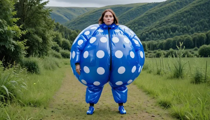 Cinematic, dramatic, aesthetic, woman in a spherical huge blue polka dot inflatable tracksuit<lora:Inflatable_v6b_epoch_9:1>