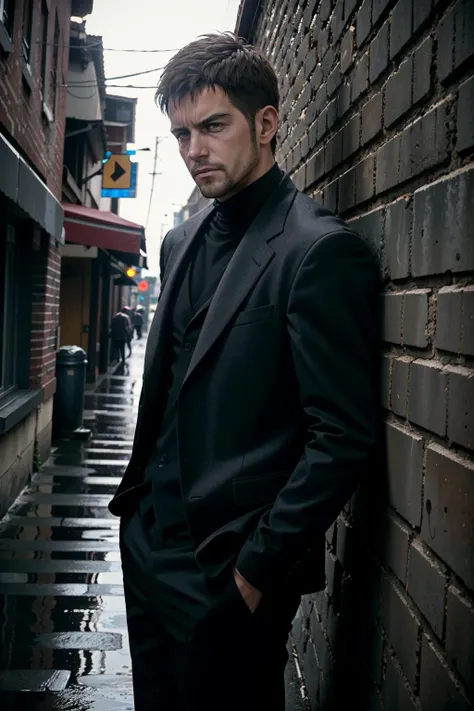 ((ultra detailed, masterpiece, best quality))
<lora:REVChris:0.8>
REVChris, 1boy, solo, short hair, In an urban alley, tailored suit, city lights reflecting on wet pavement, leaning against a brick wall with a mysterious gaze