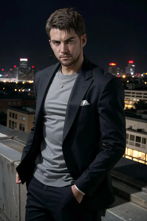 ((ultra detailed, masterpiece, best quality))
<lora:REVChris:0.8>
REVChris, 1boy, solo, short hair, On a sophisticated city rooftop, dressed in a sharp blazer, with the skyline as the backdrop, at night
