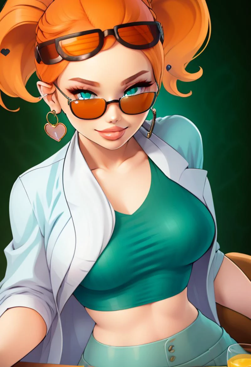 simple, vibrant colors, (high res), HD, 4k, ((best quality:1.3)), anime, beautiful face, detailed face, solo focus, solo, facing viewer, (lab background:1.2), sitting, chair, (looking at viewer), 1girl, BREAK, smirk, (<lora:Sonia:1> sunglasses, heart hair ornament, labcoat, green shirt, crop top, pants, orange hair, earrings) <lora:fakelips_1:1> huge lips, lip filler, fakelips, high quality, face in view, detailed face, cute, long nails, aqua nails, painted nails, ( aqua lipstick), mascara, wide grin, bimbo, bimbo lips, <lora:ColoredLipstick:1> aqua lips,