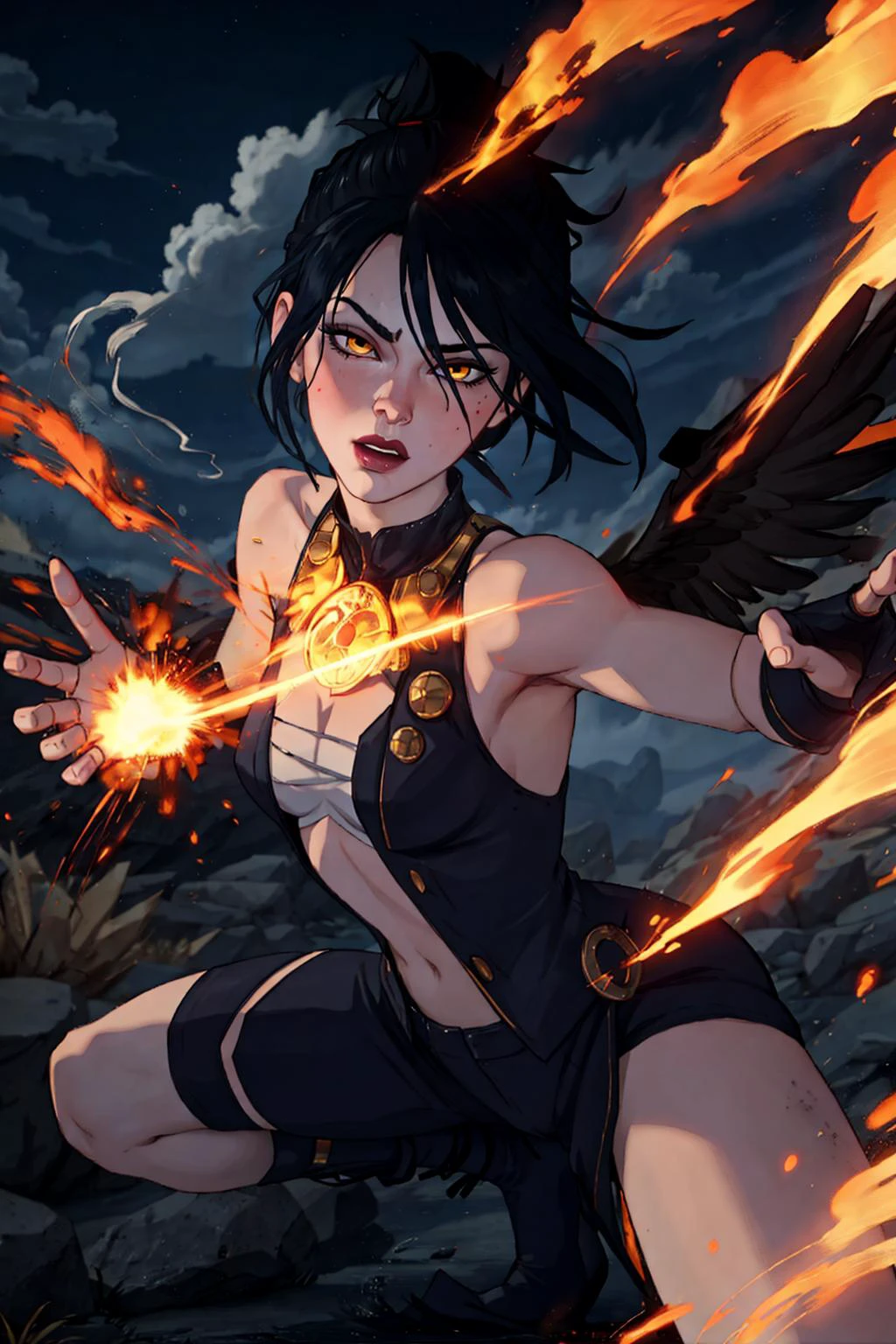 masterpiece, best quality, 1girl, <lora:MorriganDA:0.8>, dynamic pose, night, pose, smoke, pyrokinesis, powering up,