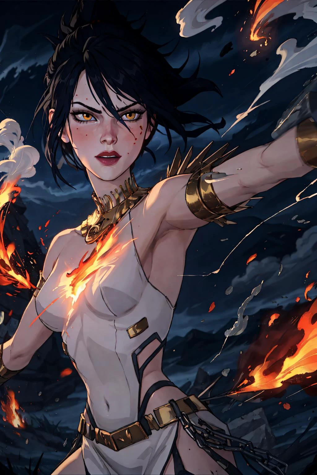 masterpiece, best quality, 1girl, <lora:MorriganDA:0.8>, dynamic pose, night, pose, smoke, pyrokinesis, powering up,