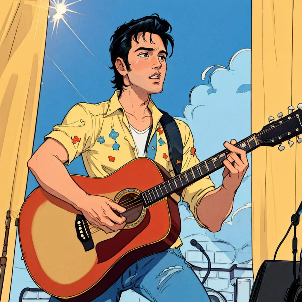 <lora:History_of_Rock_v2-000050:0.9> histr0ckstyle, Elvis Presley playing acoustic guitar