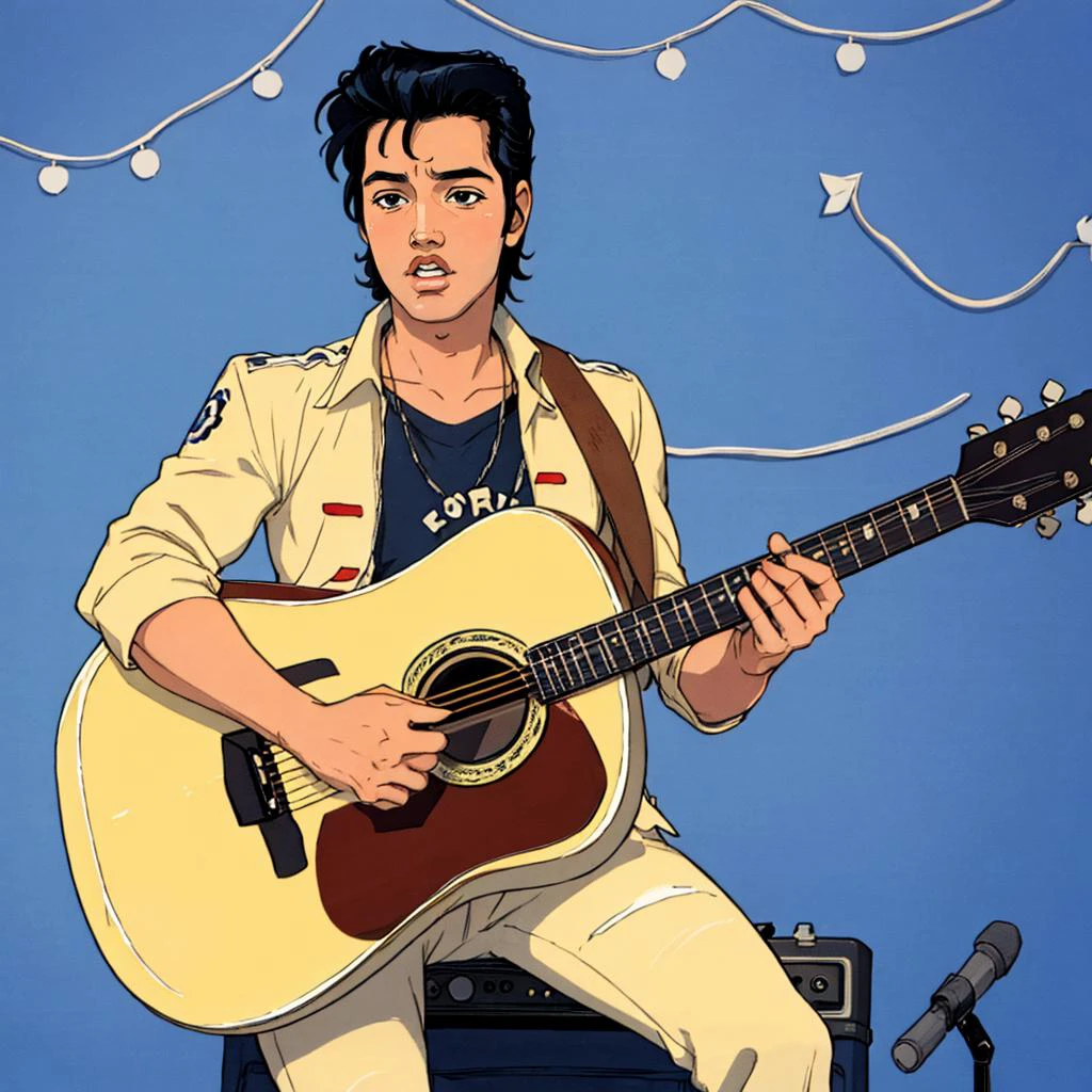 <lora:History_of_Rock_v2-000050:0.9> histr0ckstyle, Elvis Presley playing acoustic guitar
