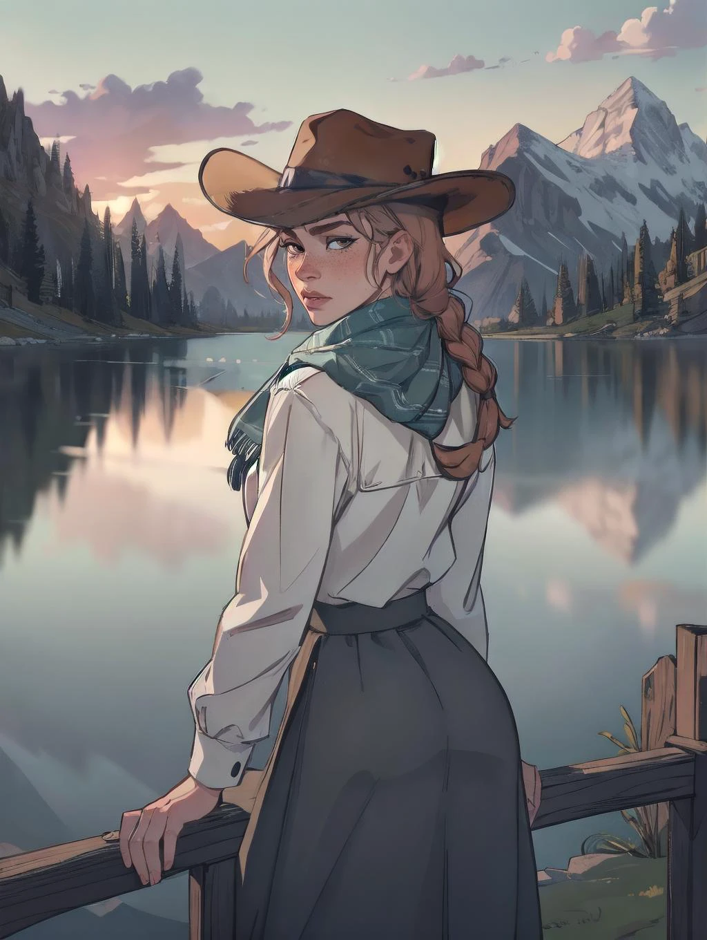 (8k, RAW photo, best quality, masterpiece:1.2),ultra-detailed, (high detailed skin:1.2), 8k uhd, dslr, soft lighting, high quality, <lora:RDR2Sadie:0.85> rdr2sadie, 1girl, freckles, braid, shirt, cowboy hat, long hair, looking at viewer, scarf, long sleeves, pants, white shirt, outdoors, lake, sunset, mountain, long_skirt, from_behind, looking_at_viewer,