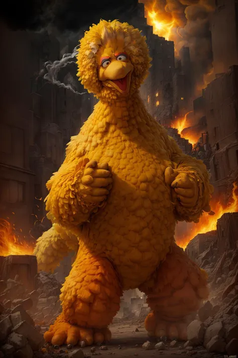 (masterpiece, best quality:1.4, high quality, solo:1.4), giant monster, (big bird, sharp teeth:1.4, claws:1.4, talons, angry:1.4,), ruined city, smoke, flames, fire, <lora:Bigbird:0.7>, cinematic, monster , aggressive pose, <lora:more_details:0.5>