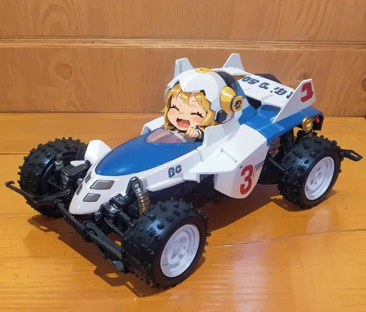 best quality,DASH-3,toy car,vehicle focus,dutch angle,(running on desk:1.2),
solo,(chibi1.5),cute,riding mini 4wd,(giggling,happy:1.2),closed eyes,open mouth,animal helmet,
<lyco:DASH-3_shootingstar_v10:0.7>,<lyco:GoodHands-beta2:0.8>