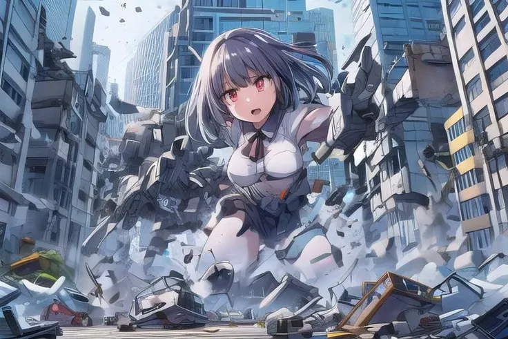 masterpiece,ultradetail, <lora:anmnr01:0.3> <lora:add_detail:0.5>,<lora:GoodHands-vanilla:0.8>,1girl,building, city, monster, battle, destruction, debris <lora:battleInCity:0.7> <lora:AkaneS:0.7>akanes,open mouth,