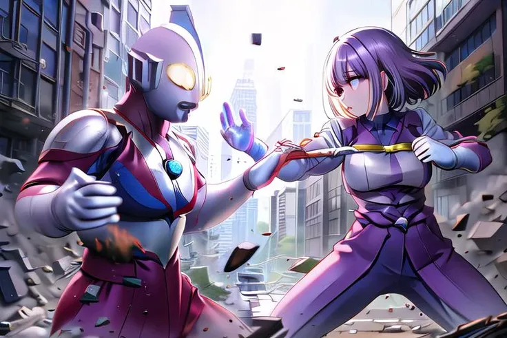 masterpiece,ultradetail, <lora:anmnr01:0.3> <lora:add_detail:0.5>,<lora:GoodHands-vanilla:0.8>,1girl,building, city, monster, battle, destruction, debris <lora:battleInCity:0.7>
AND <lora:Ultraman:0.8>ultraman,,fighting stance,sideview
AND 1girl ,shinjou_akane,fighting stance,sideview <lora:AkaneS:0.7>