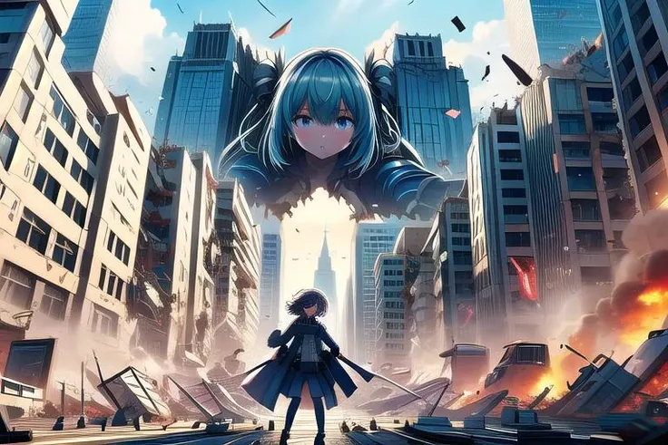 masterpiece,ultradetail, <lora:anmnr01:0.3> <lora:add_detail:0.5>,<lora:GoodHands-vanilla:0.8>,1girl,building, city, monster, battle, destruction, debris <lora:battleInCity:0.7>