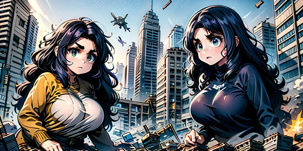 ((top quality, 8k wallpaper)),(masterpiece, best quality),extremely detailed,high definition,(official art:1.3),(((anime screencap,black outline))),<lora:more_details:0.3>, 1girl and monsters BREAK (large breasts), (parted bangs:1.6), <lora:ETO_OC:0.2> ETO-OC, <lora:ETO_OCC006:0.7>, ETO_OCC, (curly hair:1.3), (long hair), black hair, thick eyebrows, pale skin, curvy, (plump), (hazel eyes:1.3), looking at viewer, mature female, BREAK <lora:battleInCity:0.7>, buildings, battle, city, monster, destruction, serious, v-shaped eyebrows, concentrating, demon, (((looking at another, size difference))), debris, dinosaur, godzilla, flying kick, kicking, explosion, ((girl)opposite to (monster))