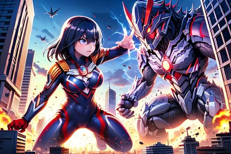 masterpiece,best quality,highly detailed,1girl and demon,takarada rikka,ssss.gridman,medium hair,black hair,blue eyes,large breasts,
<lora:Ultgp-16b:0.7>,(ultgp :1),red ultraman bodysuit,<lora:battleInCity:0.7>,building,battle,city,monster,destruction,serious,v-shaped eyebrows,concentrating,demon,
girl combat with dragon,