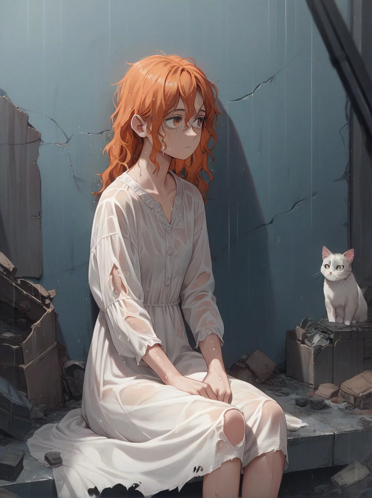 score_9, score_8_up, score_7_up, score_6_up, source_anime, <lora:linen_dress_v0.1-pony:1>
1girl, linen dress, orange hair, freckles, grey eyes, wavy hair,
torn dress, torn clothes,
abandoned, debris, sitting, rain, wet hair,wet, see-through, looking to the side, cat,