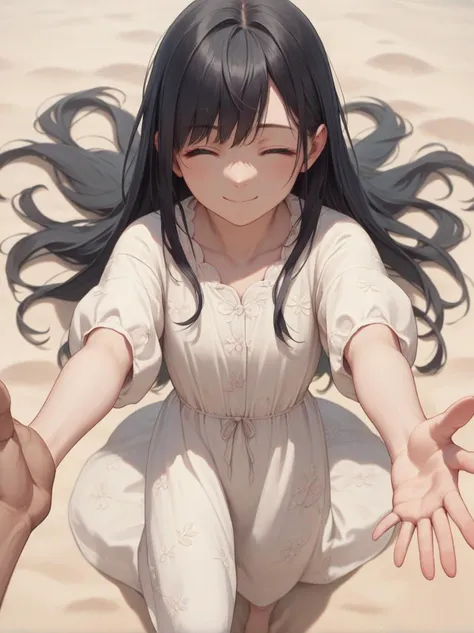 score_9, score_8_up, score_7_up, score_6_up, source_anime, <lora:linen_dress_v0.1-pony:1> 
1girl, long hair, black hair,  linen dress, 
pov, perspective, from above, reaching, closed mouth, sand, pov hand, smile, closed eyes,