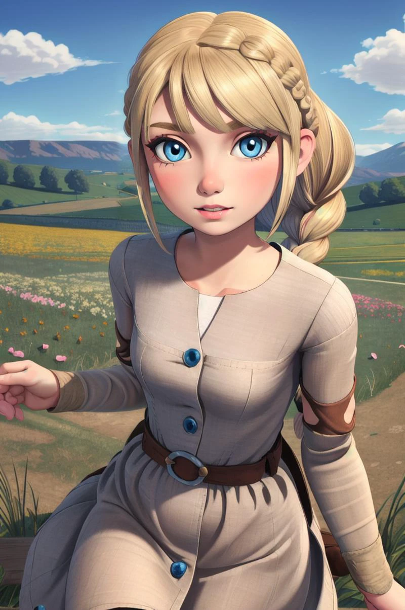 masterpiece, high quality, detailed background, 1girl, solo,
<lora:Astrid-v1-04:0.6>, ChopioAstrid, medium hair, blonde hair, braid, braided ponytail, headband, blue eyes, lips, (looking at viewer:1.3),
viking,
linen dress, buttons, <lora:Clothing_LinenDress:0.6>, long sleeves,
outdoors, field, grass, flowers, petals, hills, wind, floating hair,
