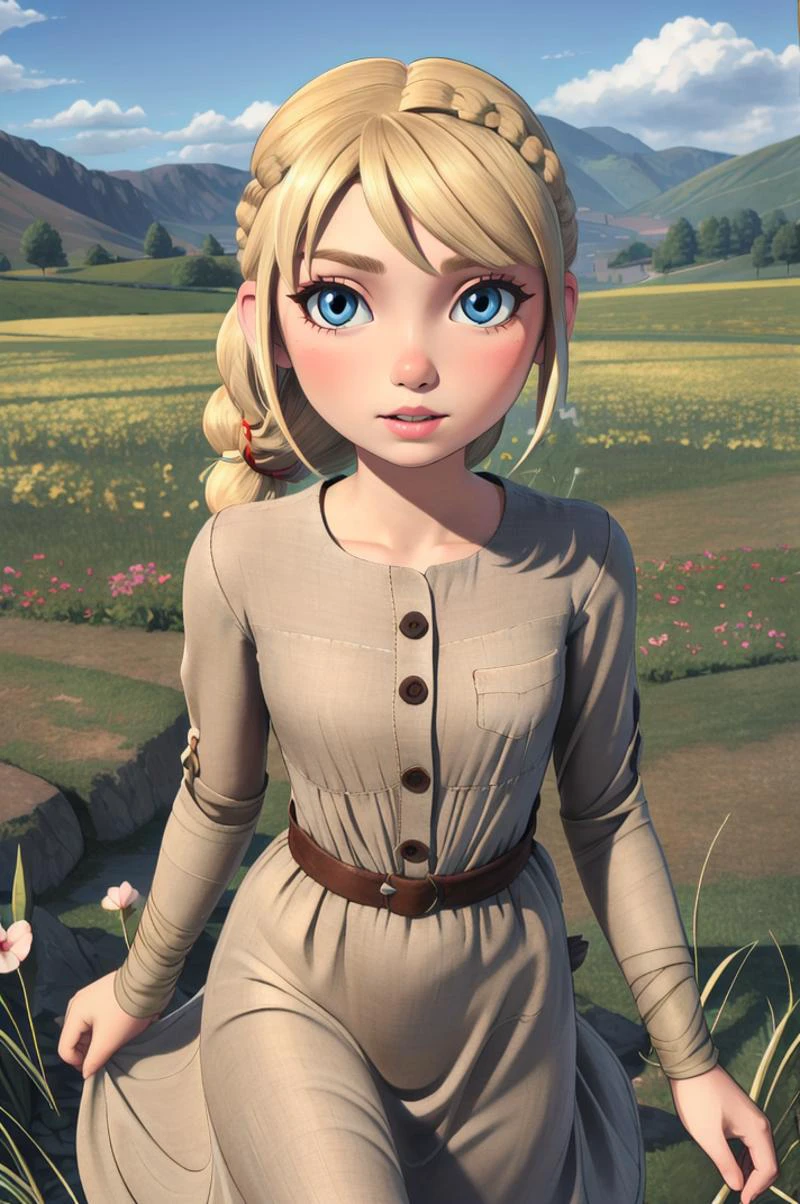 masterpiece, high quality, detailed background, 1girl, solo,
<lora:Astrid-v1-04:0.6>, ChopioAstrid, medium hair, blonde hair, braid, braided ponytail, headband, blue eyes, lips, (looking at viewer:1.3),
viking,
linen dress, buttons, <lora:Clothing_LinenDress:0.6>, long sleeves,
outdoors, field, grass, flowers, petals, hills, wind, floating hair,