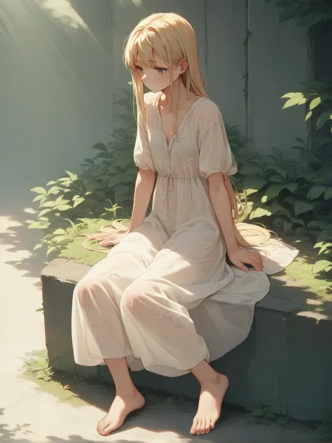 score_9, score_8_up, score_7_up, score_6_up, source_anime, <lora:linen_dress_v0.1-pony:1> 
1girl, long hair, blonde hair,  linen dress, 
sitting, dappled sunlight, barefoot, see-through,