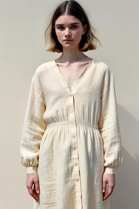 (old color photo) of young woman, wearing linen dress, long sleeves, (white hair), bob cut,analog style, (modelshoot style), 35mm, vignette, intricate detail, film grain, portra, ,<lora:linenDressClothing_v03a:0.9>