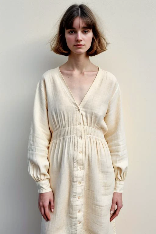 (old color photo) of young woman, wearing linen dress, long sleeves, cleavage, (white hair), bob cut,analog style, (modelshoot style), 35mm, vignette, intricate detail, film grain, portra, ,<lora:linenDressClothing_v03a:0.9>