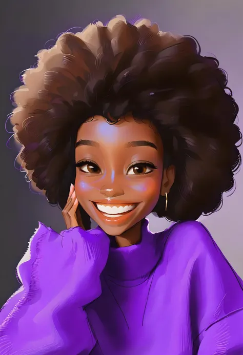 a black skinned woman with a large smile on her face, afro black hair, purple pull over, Samdoesarts Style <lora:SamdoesartsV1:1>