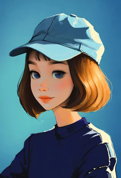 Portrait of a woman with a cap on, short hair, blue background, Samdoesarts Style <lora:SamdoesartsV1:1>