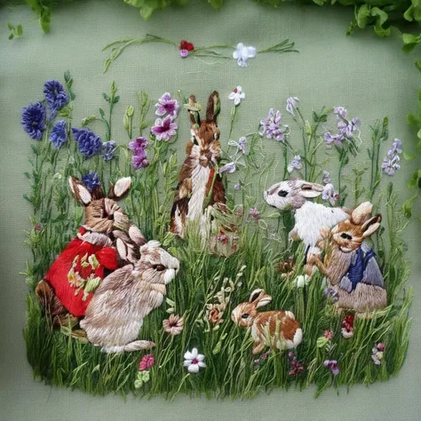 <lora:SDXL_embroidery_Sa_May_V8:1> embroidery, rabbits eat flower on spring green grass