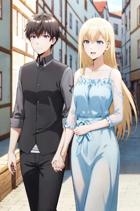 1girl, roxy hart, 1boy, fate graphite, holding hands, street, town, outdoors, couple, embarrassed, happy, <lora:RoxyHartV10:1>, (ultra high res,best quality), (8k, RAW photo, best quality, masterpiece:1.2), professional lighting, physically-based rendering, highres, absurdres,
