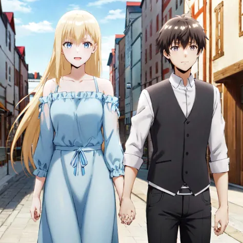 1girl, roxy hart, 1boy, fate graphite, holding hands, street, town, outdoors, couple, embarrassed, happy, <lora:RoxyHartV10:1>, (ultra high res,best quality), (8k, RAW photo, best quality, masterpiece:1.2), professional lighting, physically-based rendering, highres, absurdres,