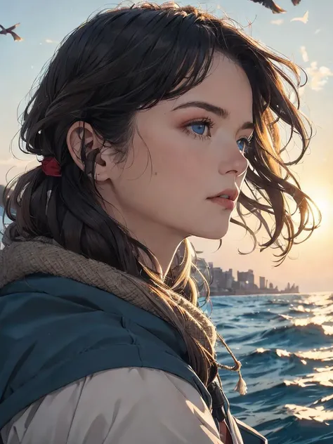 best quality, masterpiece, detailed, realistic, RAW photo,
Here I go out to sea again
The sunshine fills my hair
And dreams hang in the air
Gulls in the sky and in my blue eyes,
dying light, epic realism