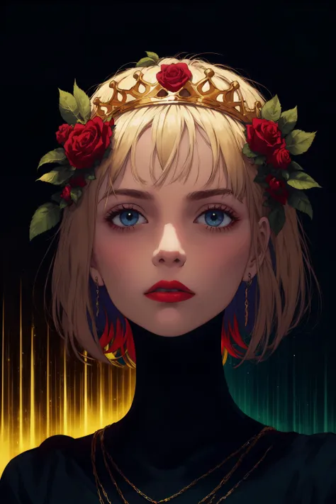 Surrealist art (abstract art:1.2), fractal art, psychedelic art, (style of dan flavin:1.1), gold crown, red theme, dark theme, 1girl, roses, hair ornament, somber expression, dark blue accent, masterpiece, best quality, ultra high res, award-winning art, highly detailed, beautiful, aesthetic, Dramatic Inverted Bob with Fringe. Dreamlike, mysterious, provocative, symbolic, intricate, detailed