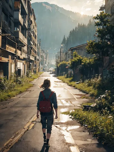 best quality, masterpiece, detailed, realistic, RAW photo,
There's an open road that leads nowhere
So just make some miles between here and there
There's a hole in my head where the rain comes in,
dying light, epic realism