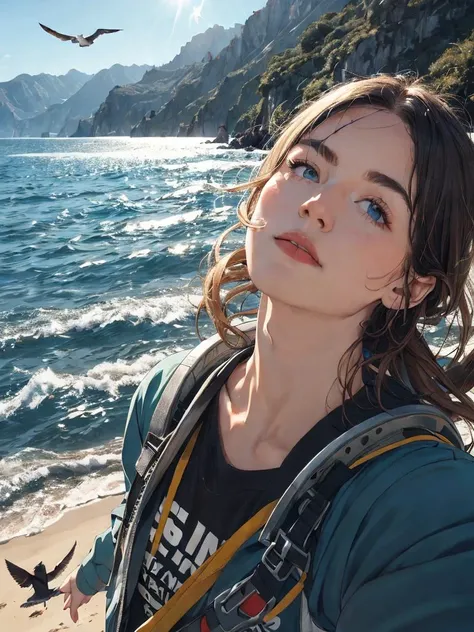 best quality, masterpiece, detailed, realistic, RAW photo,
Here I go out to sea again
The sunshine fills my hair
And dreams hang in the air
Gulls in the sky and in my blue eyes,
dying light, epic realism