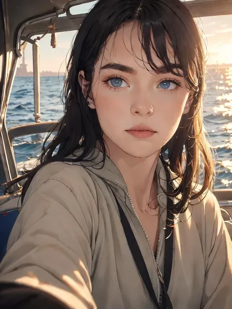 best quality, masterpiece, detailed, realistic, RAW photo,
Here I go out to sea again
The sunshine fills my hair
And dreams hang in the air
Gulls in the sky and in my blue eyes,
dying light, epic realism