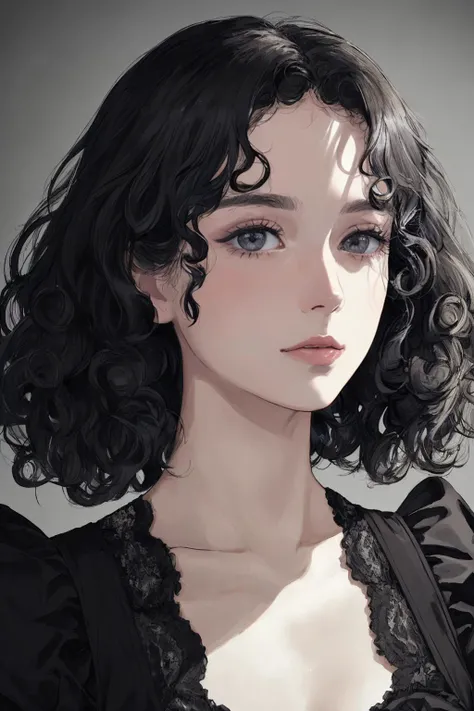(8k, RAW photo, ultra high res, best quality, masterpiece:1.2), (illustration), (extremely detailed CG unity 8k wallpaper), incredibly absurdres, an extremely delicate and beautiful, extremely detailed eyes and face and skin, professional lighting, volumetric lighting, perfect anatomy, a woman with (curly hair:1.3) in dress on a gray background, a black and white portrait, Araceli Gilbert, promotional photo, a black and white photo, rococo