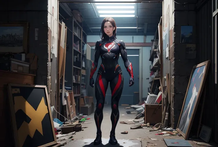 best quality, masterpiece, detailed, realistic, RAW photo,fullshot,(1girl),looking at viewer,mature,superhero,concept art, colors, trending on artstation, Vivid colors, dramatic