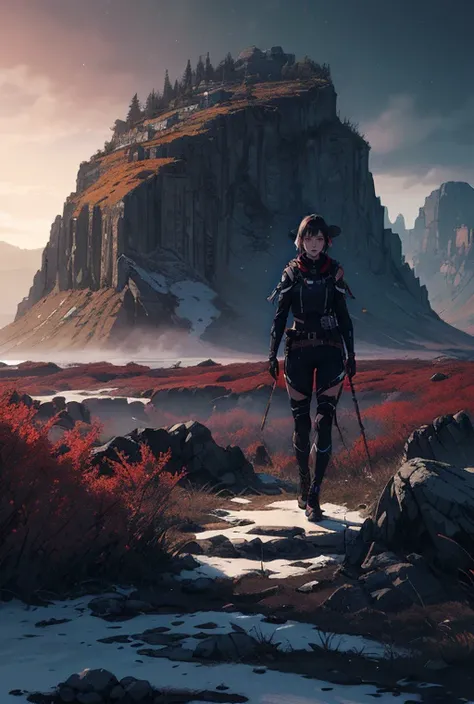best quality, masterpiece, detailed, realistic, RAW photo,extreme long shot,(1girl),mature,explorer,concept art, colors, trending on artstation, Vivid colors, dramatic, vast landscape