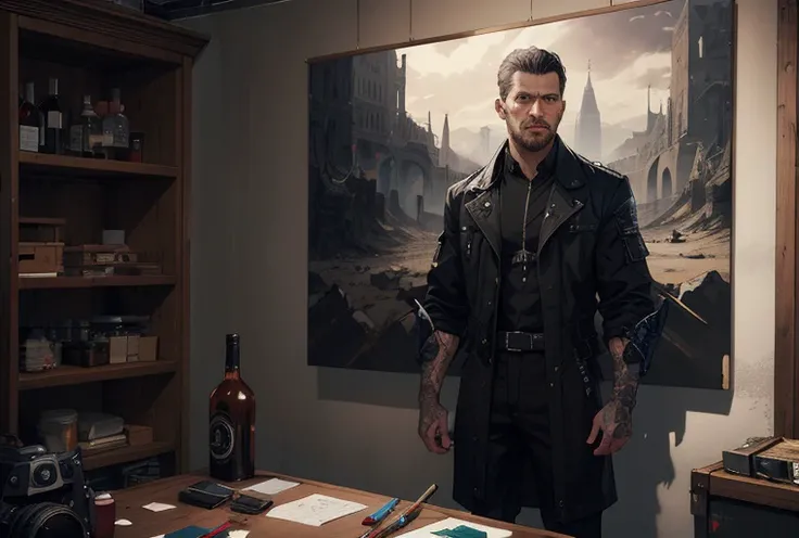 best quality, masterpiece, detailed, realistic, RAW photo,medium long shot,(1man),looking at viewer,mature,proud,handsome,concept art, colors, trending on artstation, Vivid colors, dramatic
