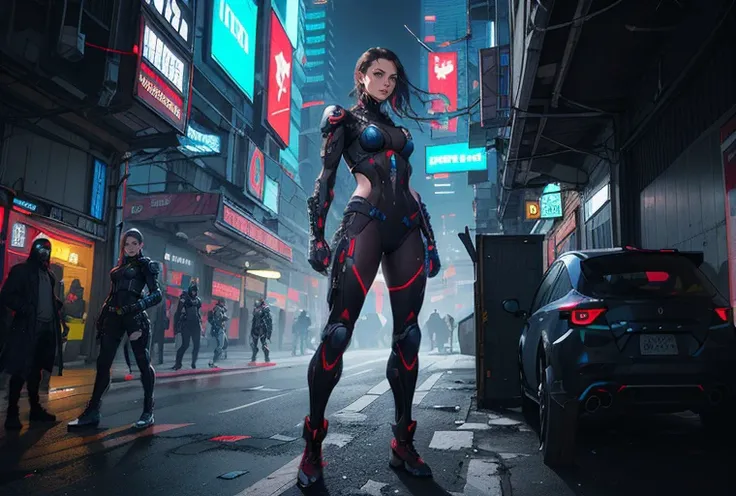 best quality, masterpiece, detailed, realistic, RAW photo,full shot,(1girl),looking at viewer,mature,cyberpunk hero,concept art, colors, trending on artstation, Vivid colors, dramatic