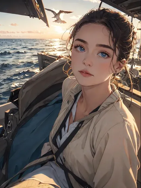 best quality, masterpiece, detailed, realistic, RAW photo,
Here I go out to sea again
The sunshine fills my hair
And dreams hang in the air
Gulls in the sky and in my blue eyes,
dying light, epic realism