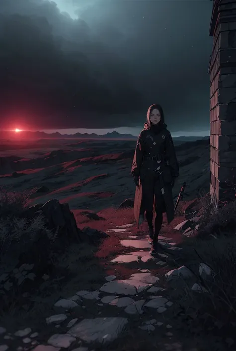 best quality, masterpiece, detailed, realistic, RAW photo,extreme long shot,(1girl),looking at viewer,mature,explorer,concept art, colors, trending on artstation, Vivid colors, dramatic, vast landscape, eerie