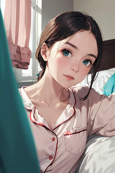 best quality, masterpiece, detailed, realistic, RAW photo, portrait, medium close up Teal, Coral, and Cream colors a woman,  bedroom, pajamas