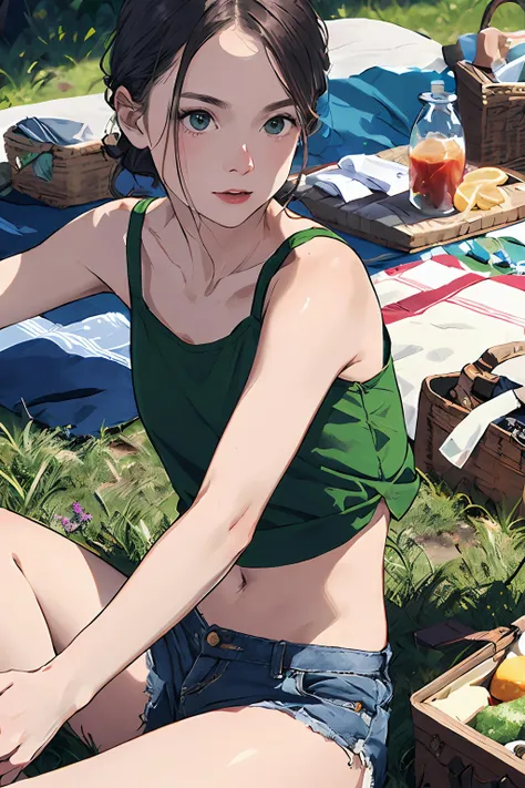 best quality, masterpiece, detailed, realistic, RAW photo, medium close up Emerald Green, Silver, and Lavender colors a woman, summer, tank top, shorts, picnic